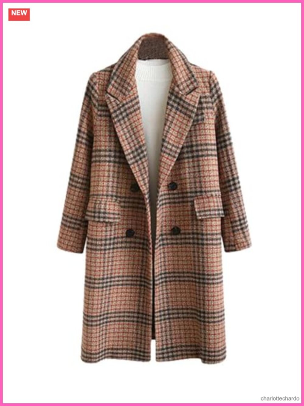 Women's Plaid Trench Coat Oversize Double Breasted Lapel Pea Coat